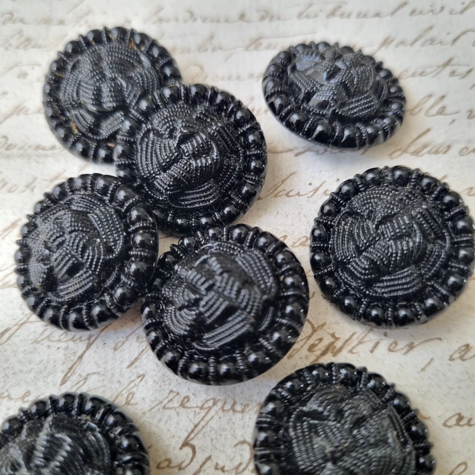 8 ANTIQUE 23mm BLACK GLASS BUTTONS NAPOLEON III 1880 VICTORIAN Glasd BUTTONS - Image 1 of 4