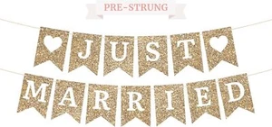 Pre-Strung Just Married Banner - NO DIY - Gold Glitter Wedding Party  - Picture 1 of 9