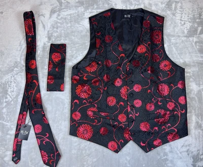 Hi-Tie Men's Waistcoat Large Red Floral Print Tie Hanky Party Formal Wedding New - Image 1 of 4