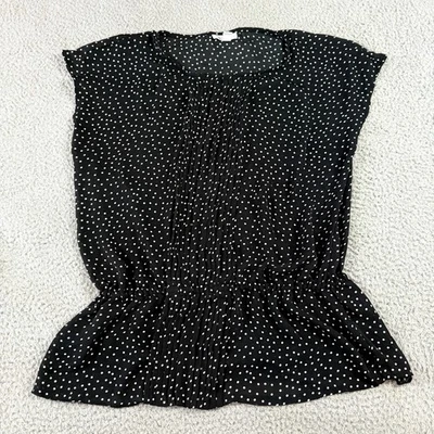 Charter Club Womens Pleated Cinched Waist Top Black White Polka Dot Size L - Image 1 of 4