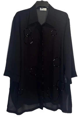 Ulla Popken Black Sequin Sheer 3/4 Sleeve Button Up Tunic Blouse Top Sz 16/18 - Image 1 of 4