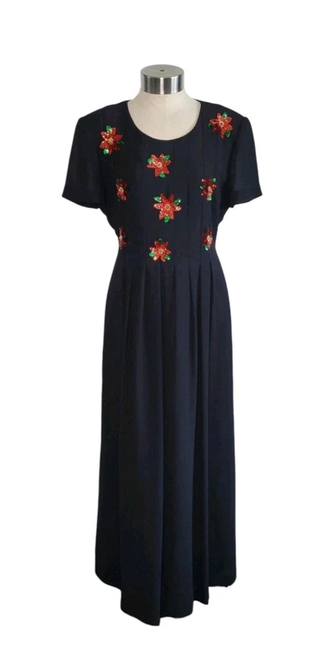 Maxi Vestido Jessica Howard De Colección Años 90 Negro Navidad Lentejuelas Flor de Pascua Talla 12  Foto 1 de 4