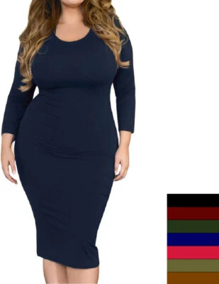 Женщин XL/1XL, 2XL, 3XL твердого обтяжку круглый вырез 3/4 рукав миди платье! - Изображение 1 из 2