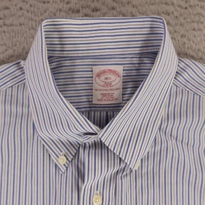 Brooks Brothers Shirt Mens L 16.5 Blue White Striped 100% Cotton Short Sleeve - Picture 1 of 7
