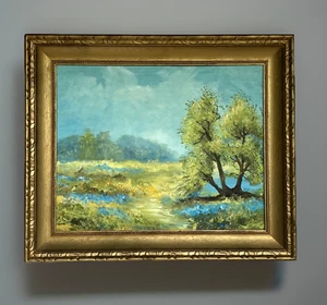 Vintage gerahmtes Original Ölgemälde, Texas Landschaft mit Bluebonnets, JJ 25" x 21" - Bild 1 von 7