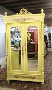 French Louis XVI Painted Armoire | Antique Mirrored Wardrobe Floral Motif - Picture 1 of 5