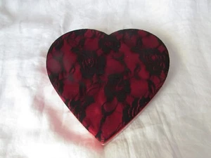 Valentines 1960s black/red heart shaped Russell Stover CANDY BOX satin roses lid - Picture 1 of 5