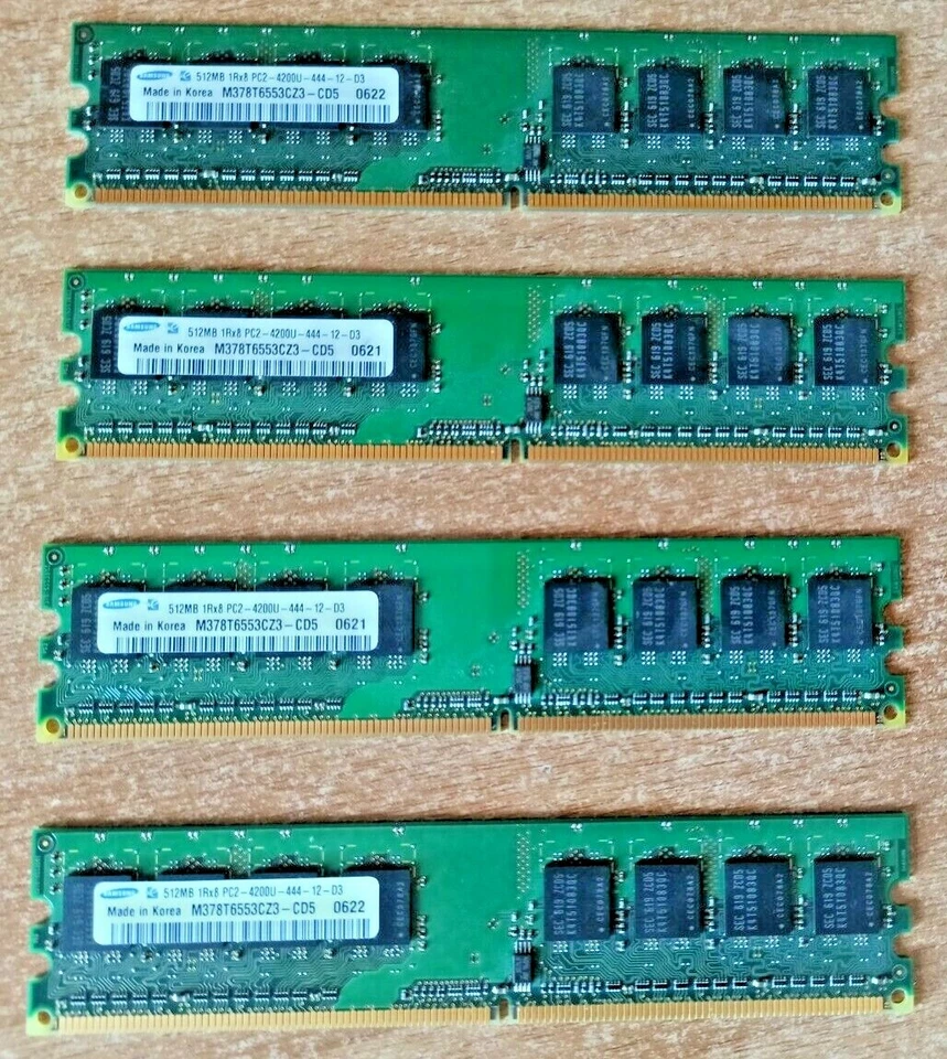 Lot 4x Samsung 512mb (2Gb Total) 1Rx8 PC2-4200U-444 Memory Modules - Image 1 of 2