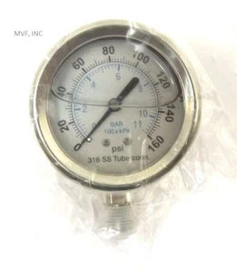 Pressure Gauge 160 PSIG 11 Bar 2-1/2" Face 1/4" NPT Lower 316S/S Filled <653ER21 - Picture 1 of 3