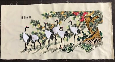 ANTIQUE CREWEL CHINESE EMBROIDERY(s)~YELLOW SILK~CRANE~SIGNED~EMBROIDERY~30”x15” - Image 1 of 4