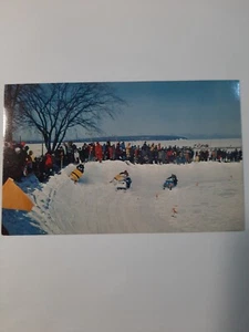 Postcard 1960s Michigan Winter Snowmobile Racing Upper Michigan - Picture 1 of 2