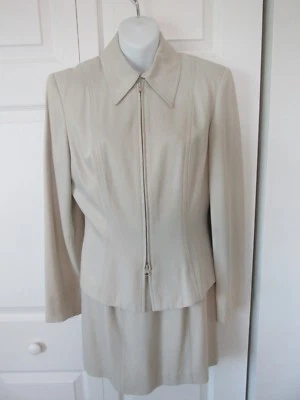 CACHE Vintage 2pc Skirt Suit Full Zip Top Beige Top Stitching Sz 4 Mini EUC - Image 1 of 4