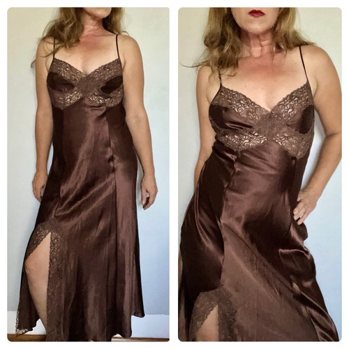 Abito da notte lungo slip pizzo raso marrone cioccolato intimo vintage Valentino taglia M