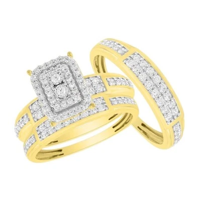 1 cttw Diamond Trio Wedding His Hers Set Band Ring Emerald Shaped 10k Gold - Image 1 of 2