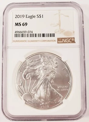 2019 $1 Silver American Eagle Valutato Da NGC Come MS69 - Immagine 1 di 2