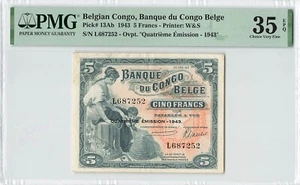 BELGIAN CONGO 5 Francs 1943, P-13Ab Prefix L, PMG 35 EPQ Choice VF, Rare So Nice - Picture 1 of 2