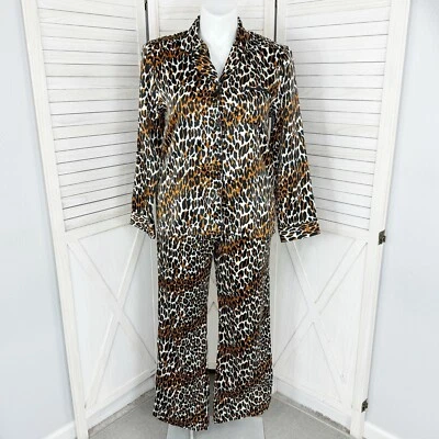 Betsy Johnson Pajama Set Womens Large Brown Black ￼Leopard Print Sateen Flannel - Image 1 of 4