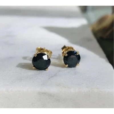 2.40 Ct Round Cut Natural Black Diamond Stud Earrings In 14K Yellow Gold - Изображение 1 из 3