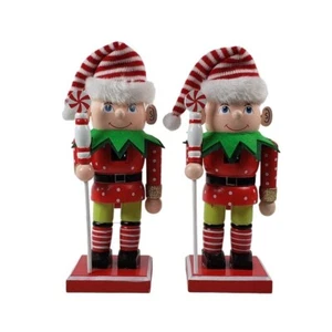 Christmas Elf Nutcracker Pair Place & Time Holiday Candy Cane and Polka Dots 9" - Picture 1 of 8