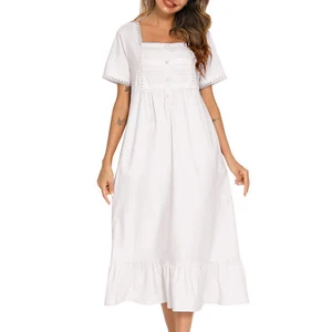 Camisón victoriano de algodón para mujer manga corta cuello cuadrado pijama vestido para dormir - Imagen 1 de 18