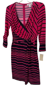 Coldwater Creek Sheath Dress Sz 0-2 Striped Navy/Hot Pink 3/4 Sleeve Poly Blend - Picture 1 of 11