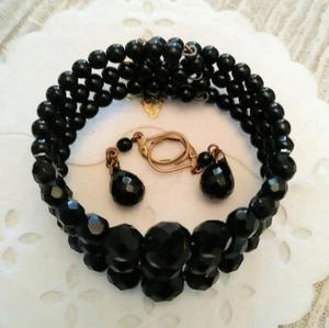 Retro Jet Black Bead Armband & Ohrringe Set - Bild 1 von 8