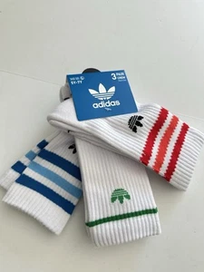 New Adidas ORIGINALS Kid L 5Y—7Y ROLLER 3.0 3-PACK CREW SOCKS White Scarlet Blue - Picture 1 of 6