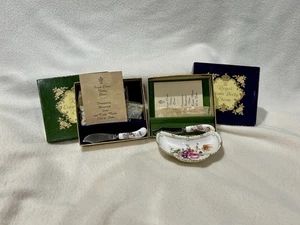 VINTAGE Royal Crown English Bone China Derby Posies Butter/Käse Schale Messer SET - Bild 1 von 4