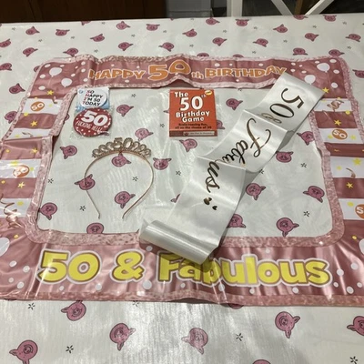 Ladies 50th Birthday Bundle Includes Badges Frame Sash headband And Game - Image 1 of 4