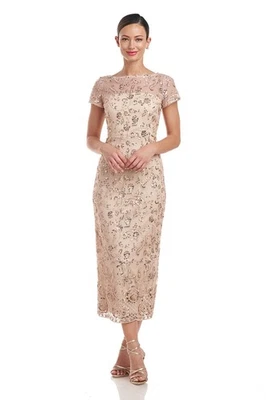 JS Collections Gold Taupe Henley Embroidered Sequin Midi Dress Size 6 $278 - Image 1 of 3