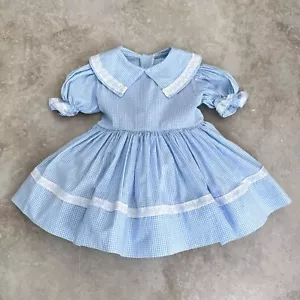 Vtg Martha's Miniatures Blue White Gingham Lace Full Circle Baby Girl Dress 12mo - Picture 1 of 8