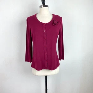 Spense Cardigan Womens Large Burgundy Rayon Soft Mod Preppy Long Sleeves w Rose - Picture 1 of 8