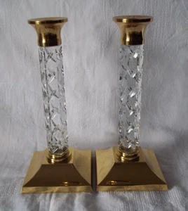 Coppia di candelabri Waterford vintage cristallo esagonale 11" base oro e parte superiore - Foto 1 di 11