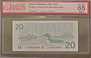 1991 $20 BC58a-ii THIESSEN/CROW #AIW3628389 BCS 65 CHANGEOVER WITHOUT SERIFS - Picture 1 of 2
