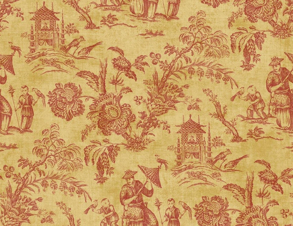 Papel Pintado Rojo Azafrán Amarillo Bronceado Asiático Toile Pagoda Florales Pájaros, 60 pies cuadrados perno Foto 1 de 1