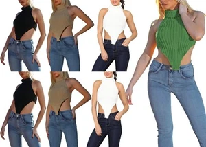 Womens Backless High Roll Neck Knitted Crop Top Vest Sleeveless Tank Top T Shirt - Picture 1 of 18