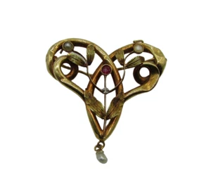 Jugendstil Brosche Mistel Perlen und Stein 18 Karat Gold Adlerkopf - Bild 1 von 10