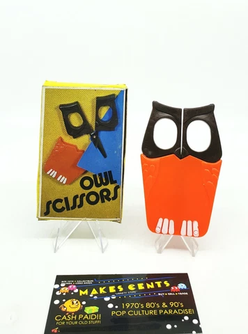 Vintage Plastic Brown & Orange  OWL Scissors  Design Novelty Hong Kong w/ Box Cover