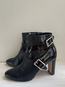 39.5 Jimmy Choo Dee Black Leather & Patent High Heel Buckle Ankle Boots - Picture 1 of 11