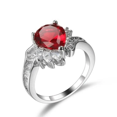 Anillo de moda para mujer talla 6-10 de circonitas rojas rellenas de oro blanco corte pera de 13 mm Foto 1 de 4