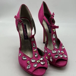 MOJO MOXY Women's FUCHSIA FABRIC Peep Toe Ankle Strap Stiletto Heels Size 6.5 - Picture 1 of 8