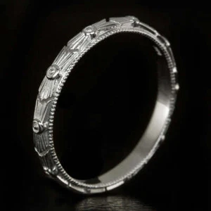 ART DECO PLATINUM WEDDING BAND VINTAGE STYLE 1920s ETCHED RETRO RING ENGRAVED - Picture 1 of 4