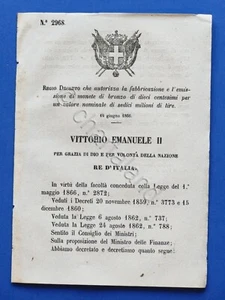 Regno d'Italia Regio Decreto emissione monete bronzo per 16 milioni di lire 1866 - Picture 1 of 1