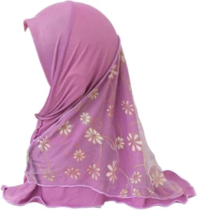 Girls Ice Silk Muslim Khimar Hijab Headscarf Flower Arab Scarf Shawls Neck Wrap - Picture 1 of 12