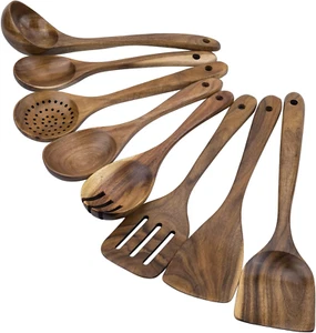 Kitchen Utensils Set 8 Piece Teak Wooden Cooking Utensil Set Non-Stick Pan Wood - Picture 1 of 9