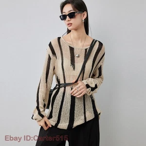 Blusa Coreana Primavera Mujeres Retro Estampado a Rayas Top Hueco Suelto Ocio Tejido - Imagen 1 de 5