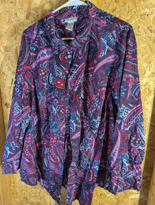 Catherines Button Up Pintuck Shirt Size 1X Stretch Left Print Long Sleeve - Picture 1 of 7