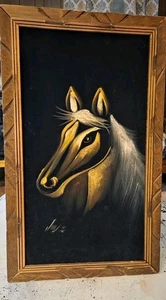 Vintage Black Velvet Oil Painting Horse Fable 14"x23" Wood Framed Signed - Picture 1 of 5