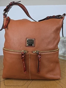 Dooney & Bourke Large British Tan Pebbled Leather Satchel Tote Handbag Purse - Picture 1 of 24