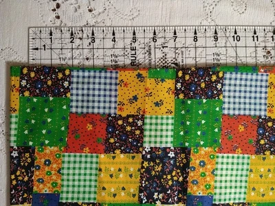 REMNANT Cheater Quilt Fabric Cotton Red Green Yellow Patchwork 15x26" - Image 1 of 3